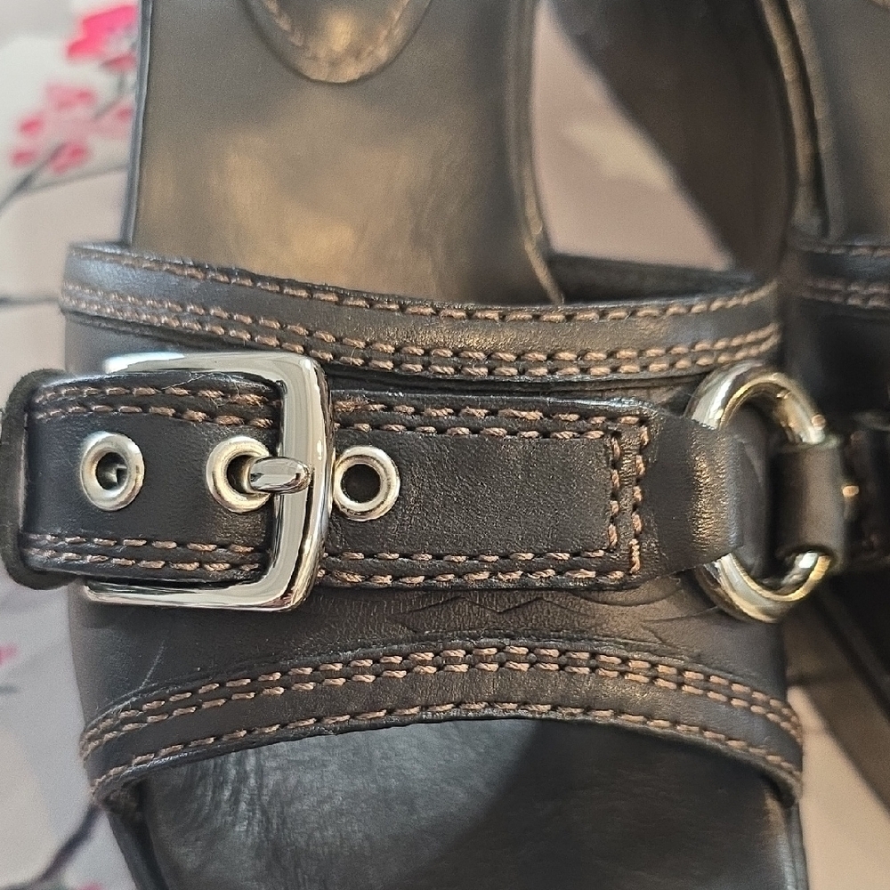 COACH Dark Brown Leather Slide Mules with Silver Buckle Rings - Picture 4 of 7